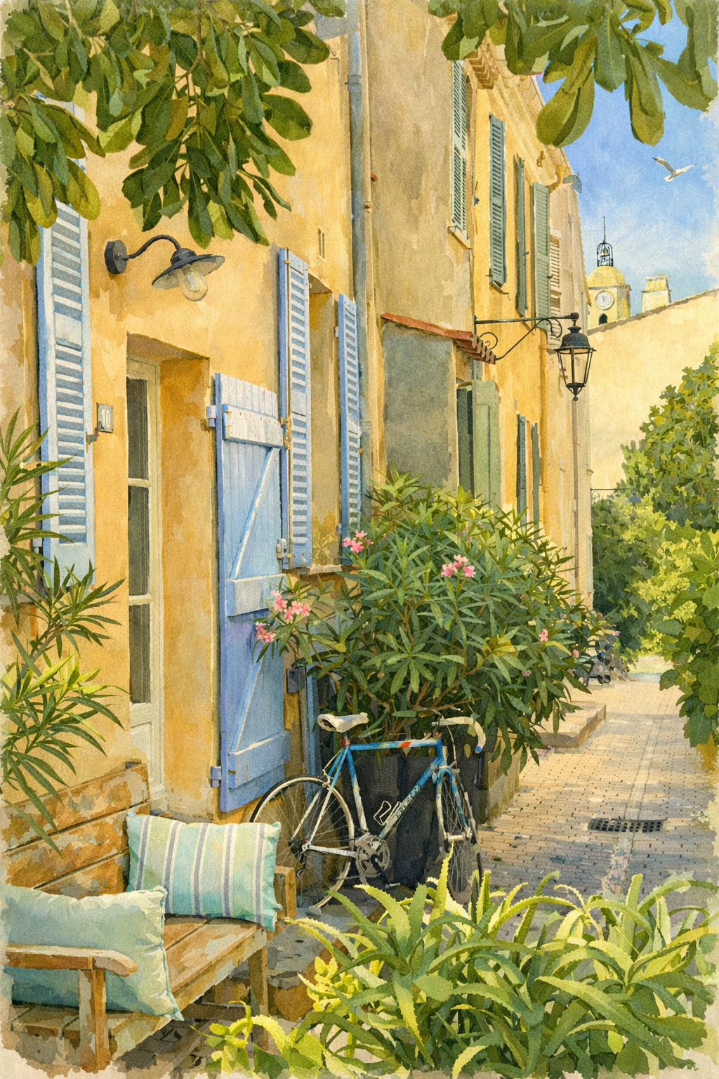 #042 Saint Tropez Wall Art Print - Mediterranean Street with Blue Shutters