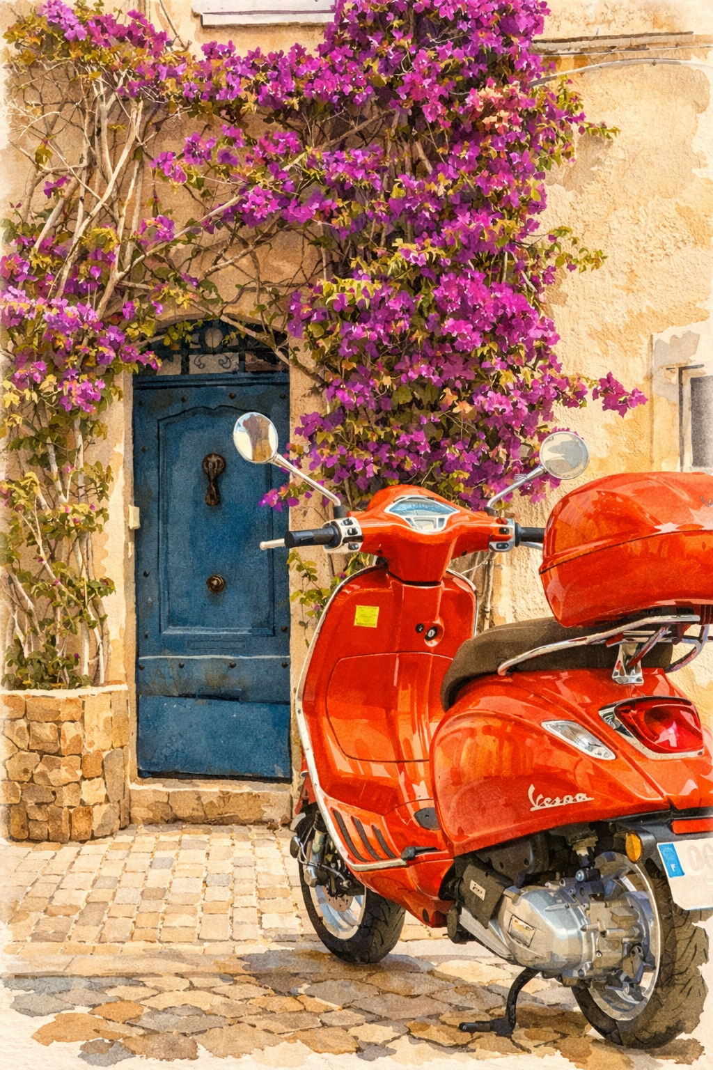#022 Saint Tropez Wall Art Print - Red Vespa Watercolor Print – Mediterranean Street Art with Bougainvillea & Blue Door Poster