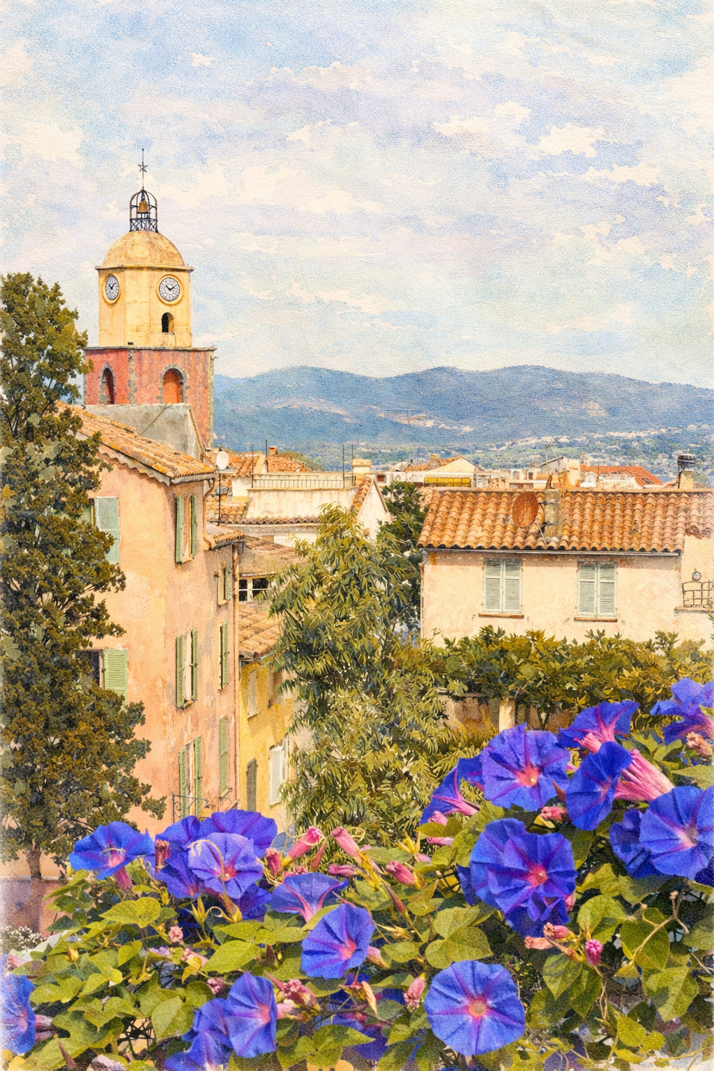 #023 Saint Tropez Wall Art Print - Provence Watercolor Print – French Village Clock Tower & Floral Mediterranean Wall Art Poster