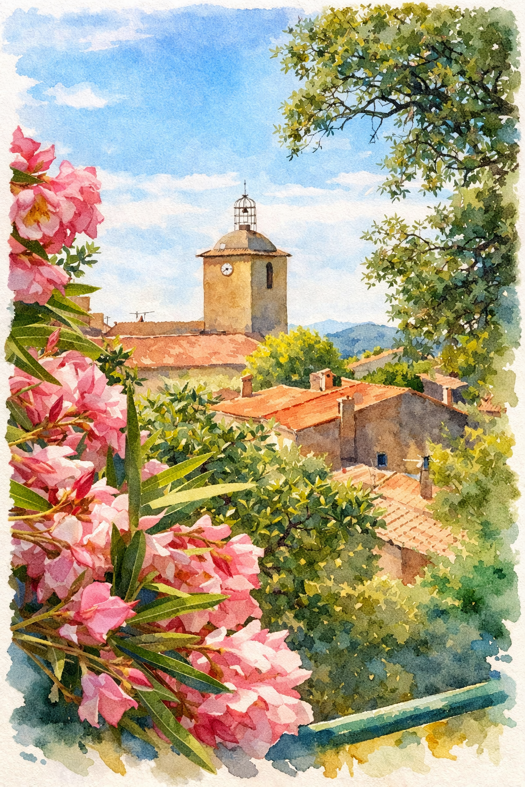 #018 Ramatuelle Wall Art Print - Provence Village Watercolor Print – Floral Mediterranean Landscape Wall Art for Elegant Home Decor