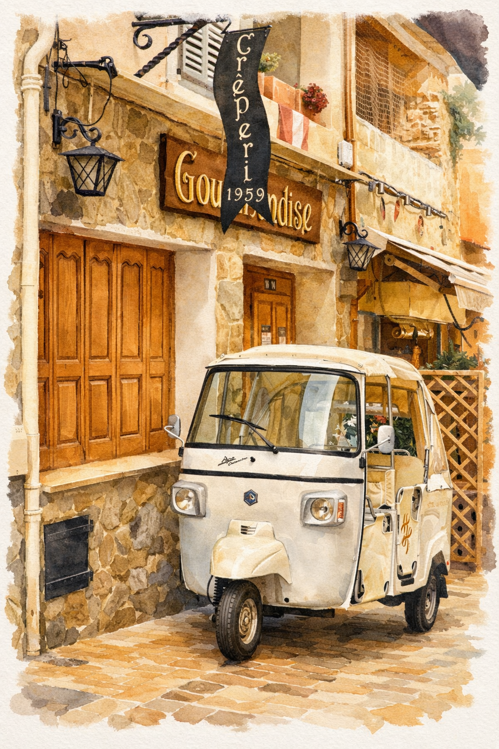 #012 Saint Tropez Wall Art Print - French Village Street Watercolor Print – Vintage European Travel Wall Art with Classic Tuk Tuk