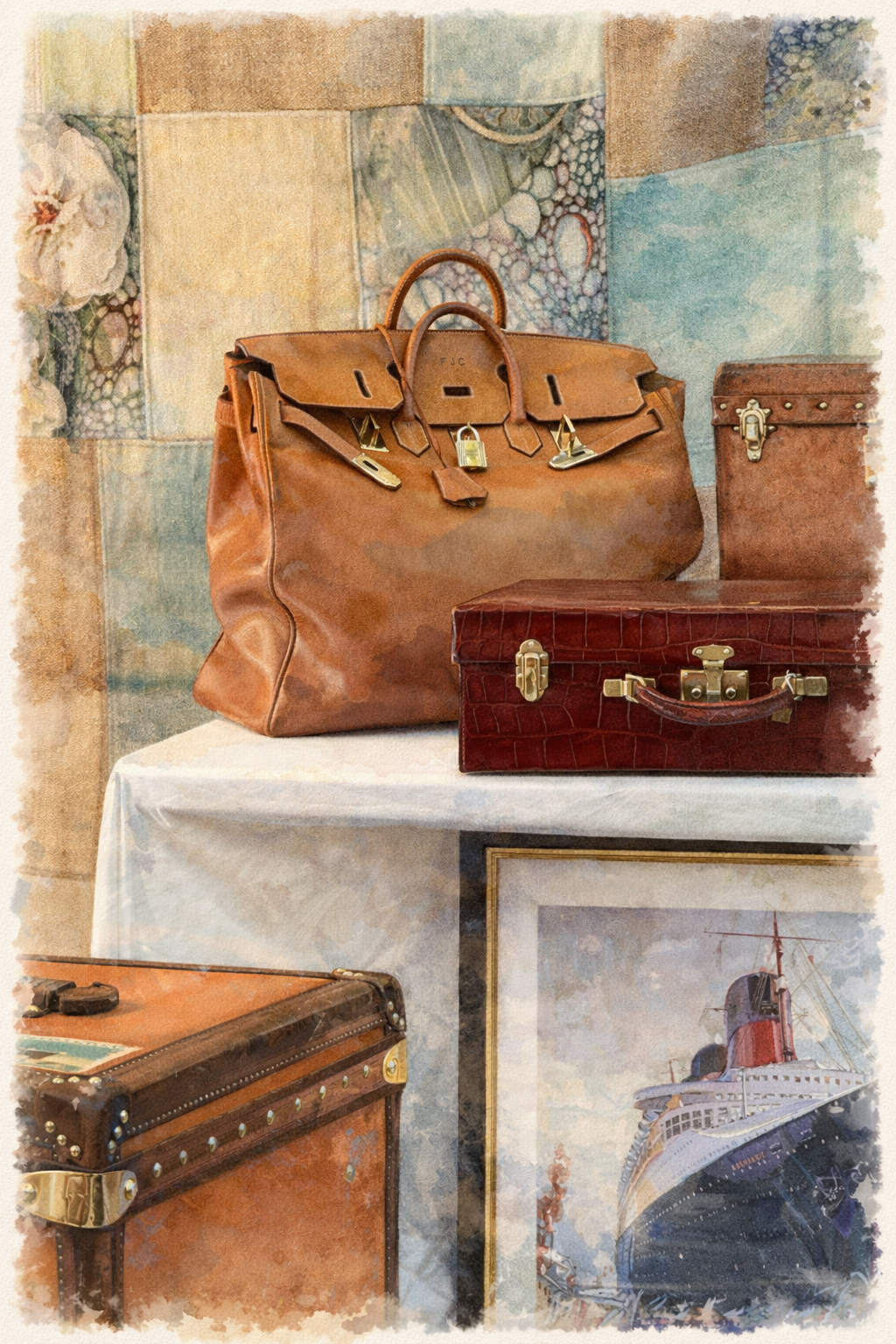 #025 Saint Tropez Wall Art Print - Luxury Vintage Travel Watercolor Print – Elegant Leather Bag & Suitcase Wall Art for Sophisticated Interiors