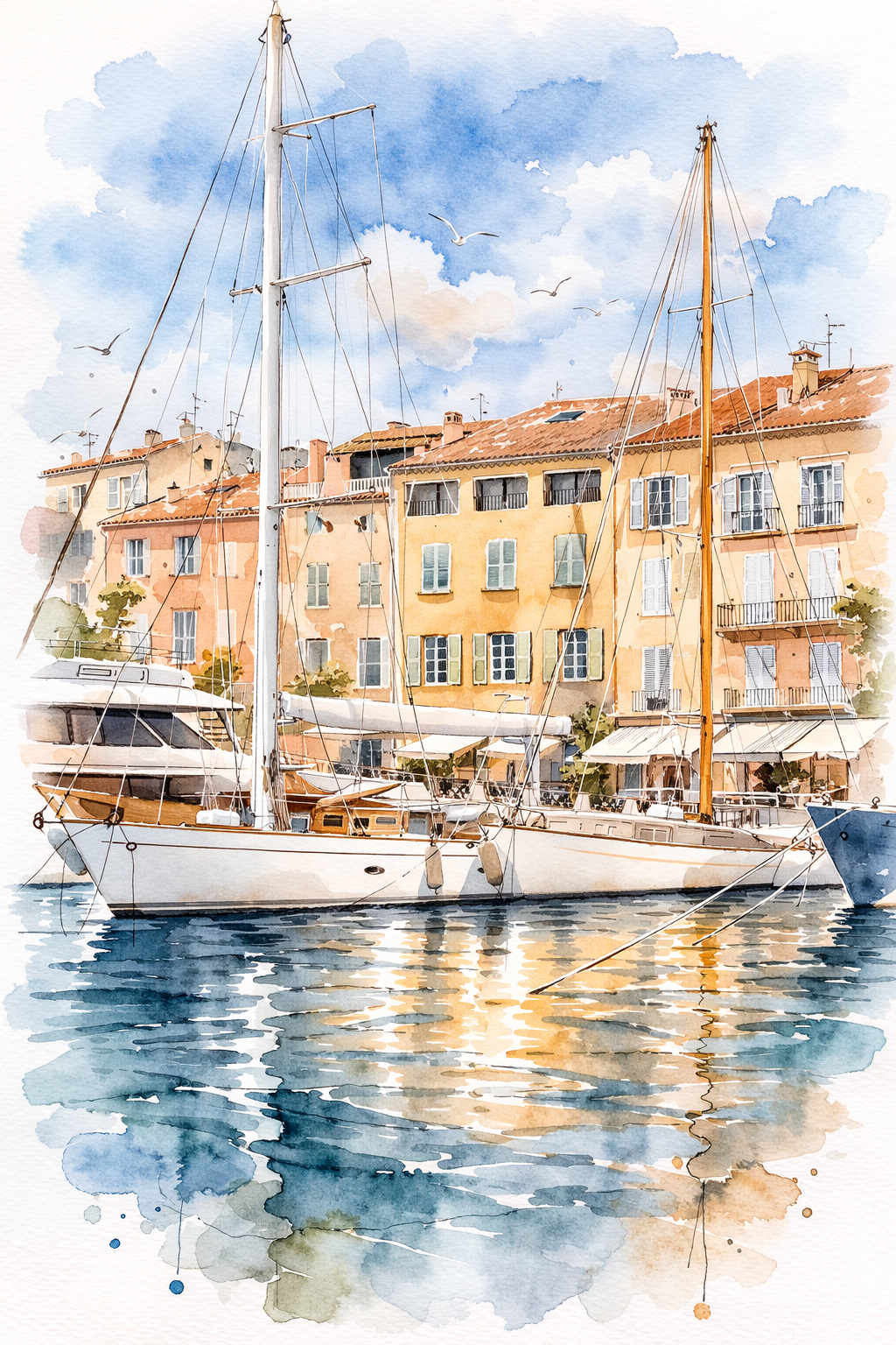 #056 Saint Tropez Wall Art Print - Mediterranean Harbor Watercolor Poster – Coastal Sailboat Wall Art Print with Soft Artistic Edges