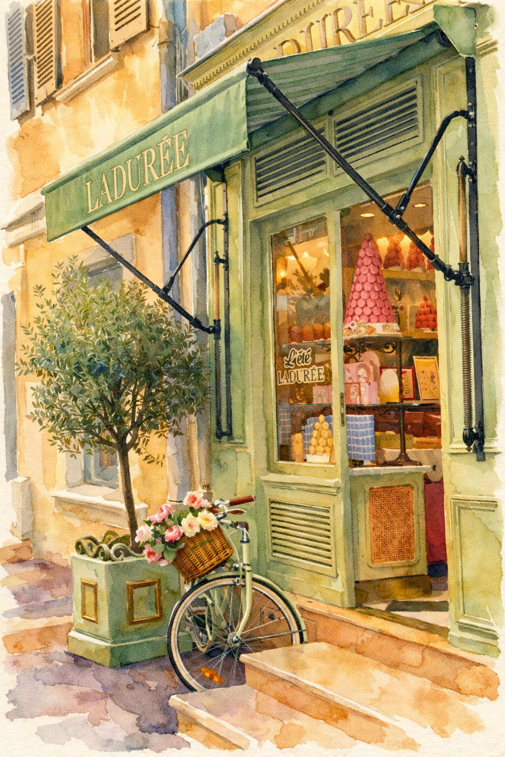 #021 Saint Tropez Wall Art Print - Paris Bakery Watercolor Print – Ladurée Café Storefront Wall Art with Bicycle & Flowers
