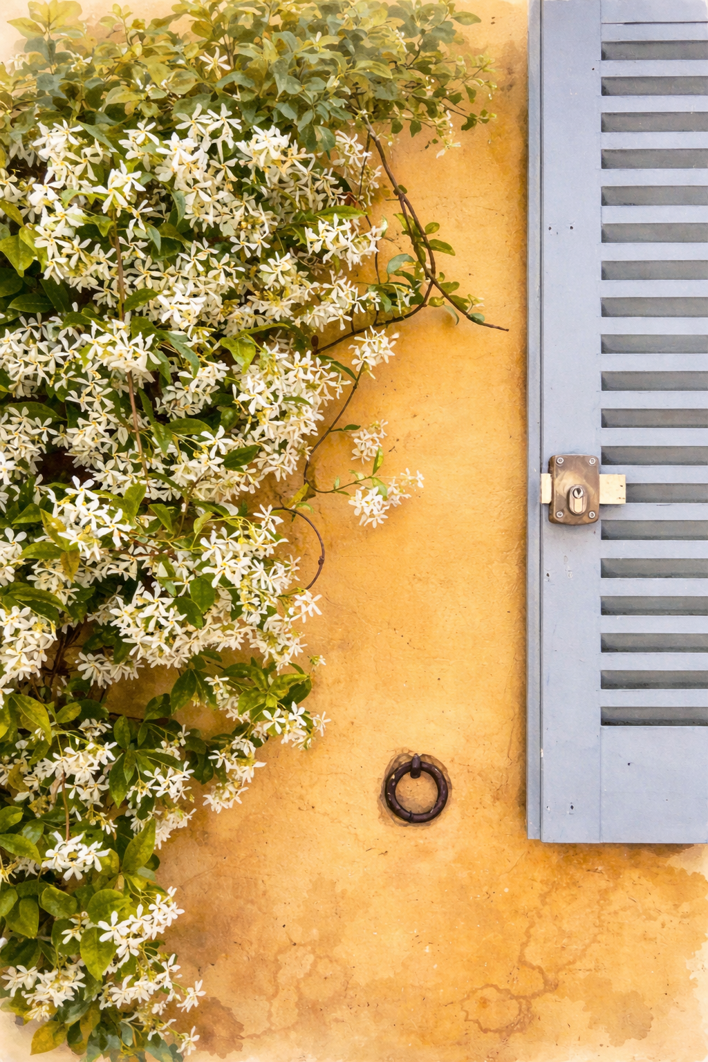 #052 Saint Tropez Wall Art Print - A warm ochre yellow wall, ornate white flowers and a characteristic blue-gray hatch