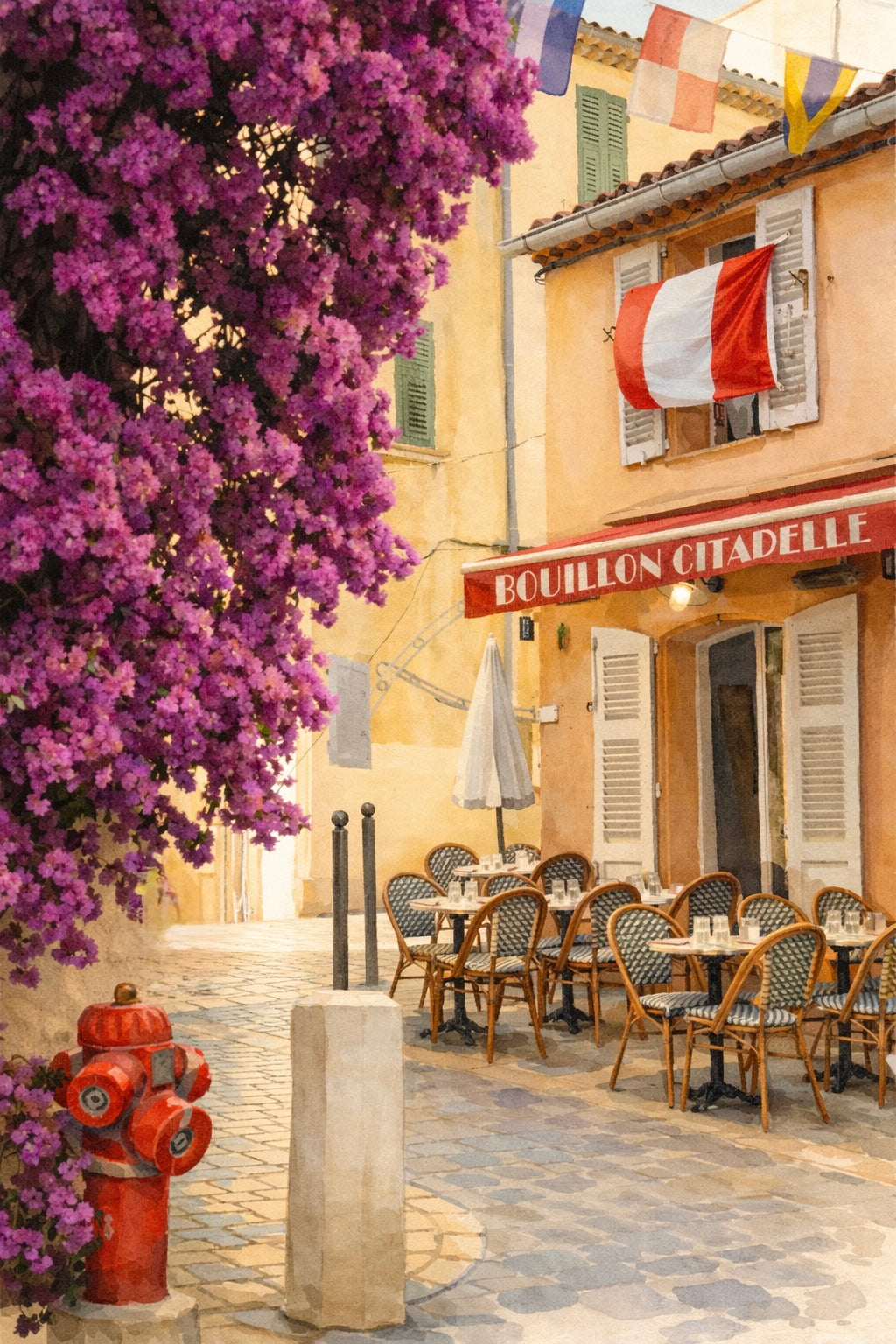 #032 Saint Tropez Wall Art Print - Provence Street Scene with Bougainvillea