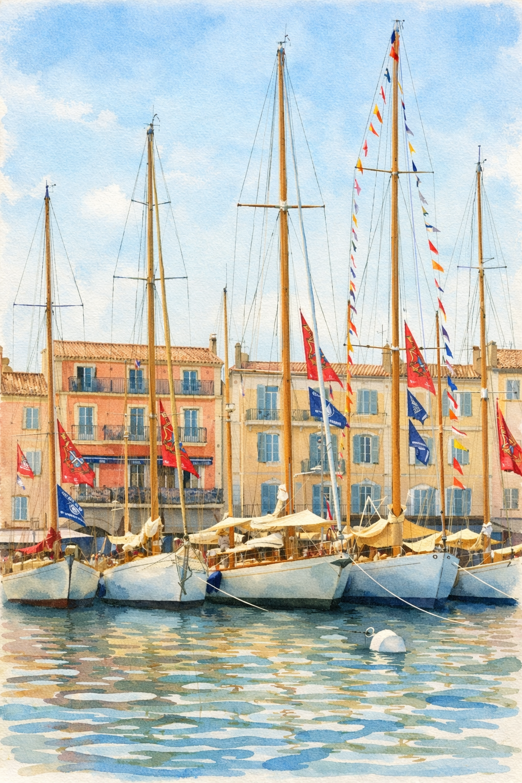 #026 Saint Tropez Wall Art Print - Mediterranean Harbor Watercolor Print – Elegant Sailboat Marina Wall Art with Coastal French Charm