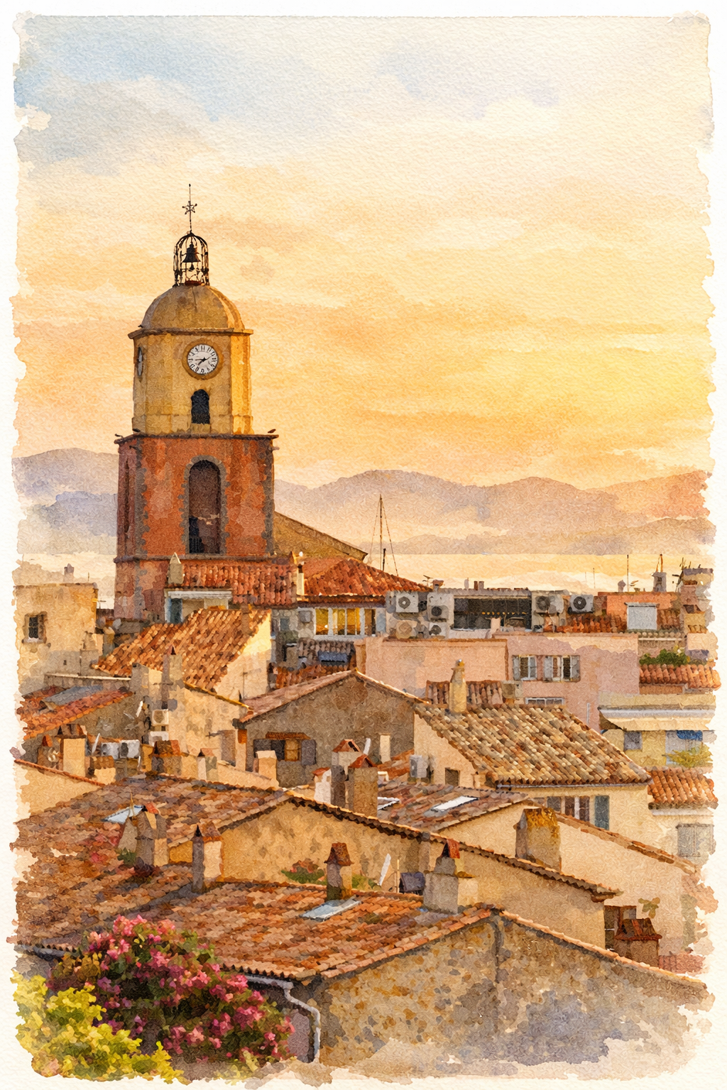 #016 Saint Tropez Wall Art Print - Mediterranean Sunset Watercolor Print – Coastal Village Rooftops & Clock Tower Wall Art