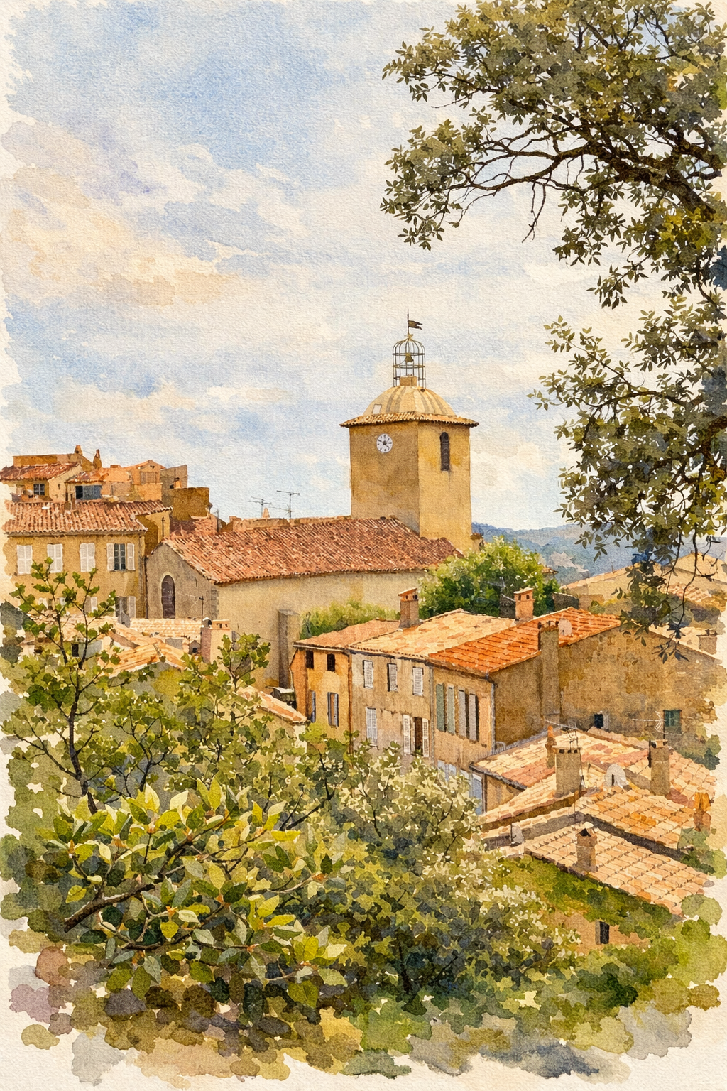#027 Ramatuelle Wall Art Print- Provence Village Watercolor Print – Mediterranean Countryside Wall Art with Timeless French Charm