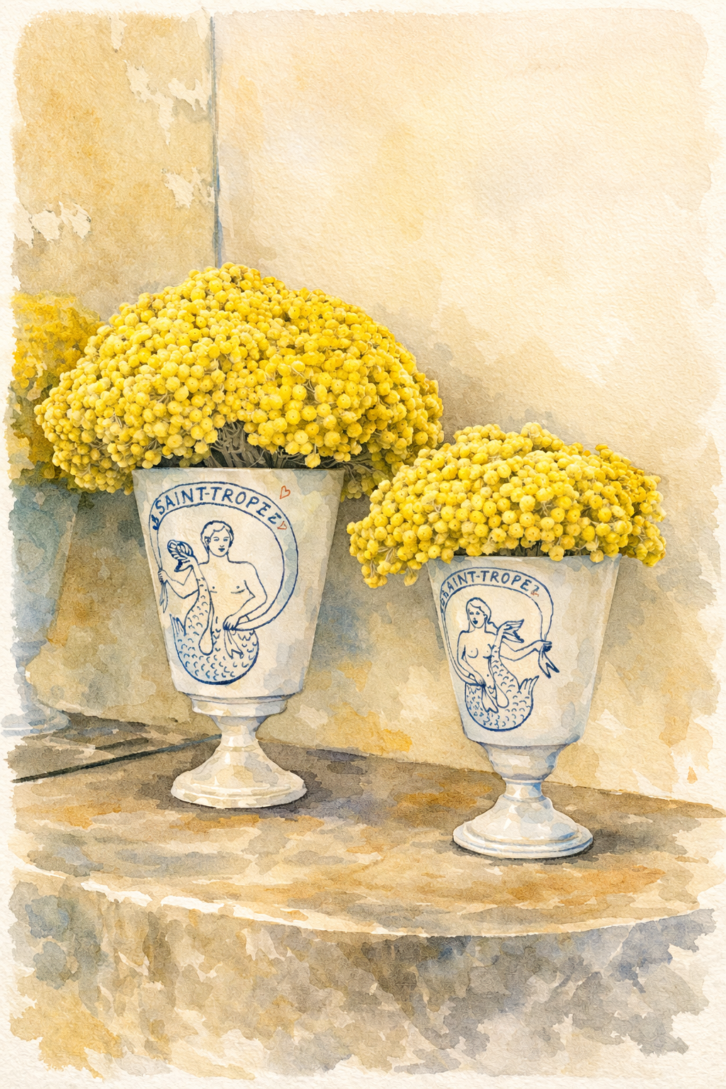 #015 Mimosa Wall Art Print - Saint-Tropez Yellow Floral Watercolor Print – Luxury Mediterranean Vase Wall Art for Elegant Home Decor