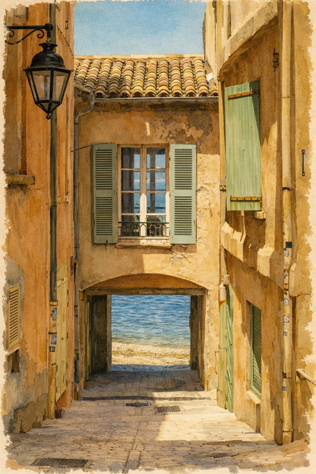 #035 Saint Tropez Wall Art Print – Rue Saint-Pierre Coastal Alleyway, French Riviera Sea View