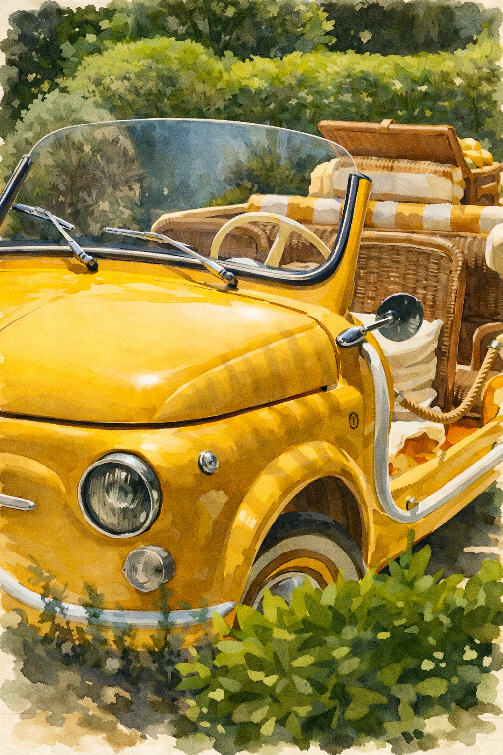 #029 Ramatuelle Wall Art Print - Vintage Yellow Car Watercolor Print – Luxury Summer Travel Wall Art with Mediterranean Charm