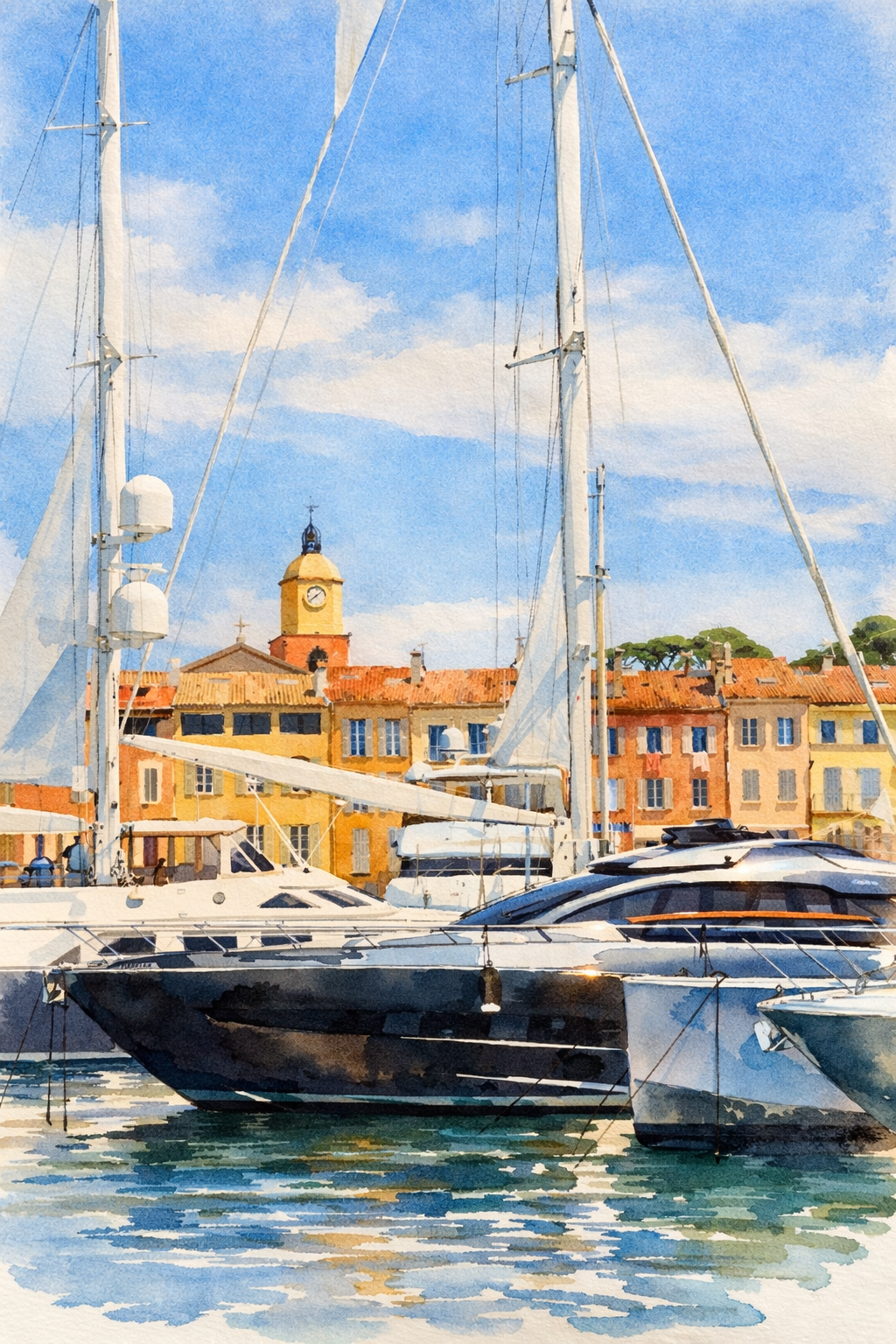 #037 Saint Tropez Wall Art Print - Mediterranean Port with Yachts