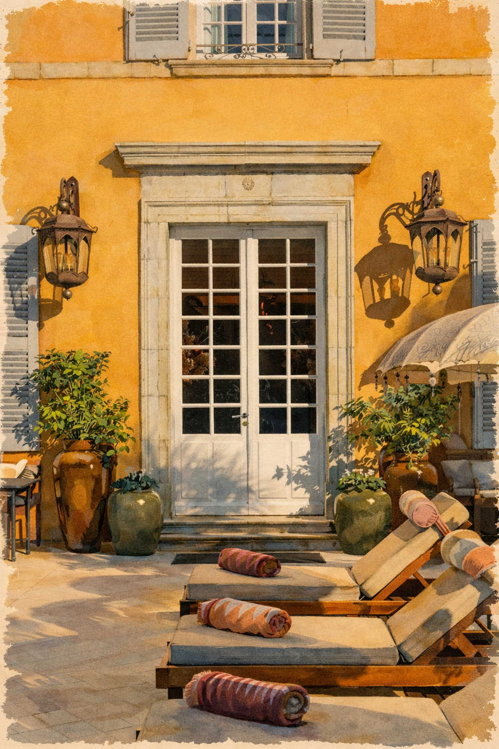 #036 Saint Tropez Wall Art Print- French Riviera Courtyard, Mediterranean Luxury Decor