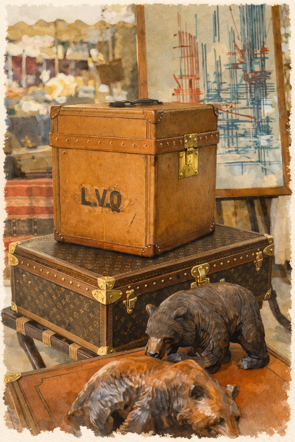 #049 Saint Tropez Wall Art Print - Classic Leather Trunk Wall Art | Vintage Watercolor