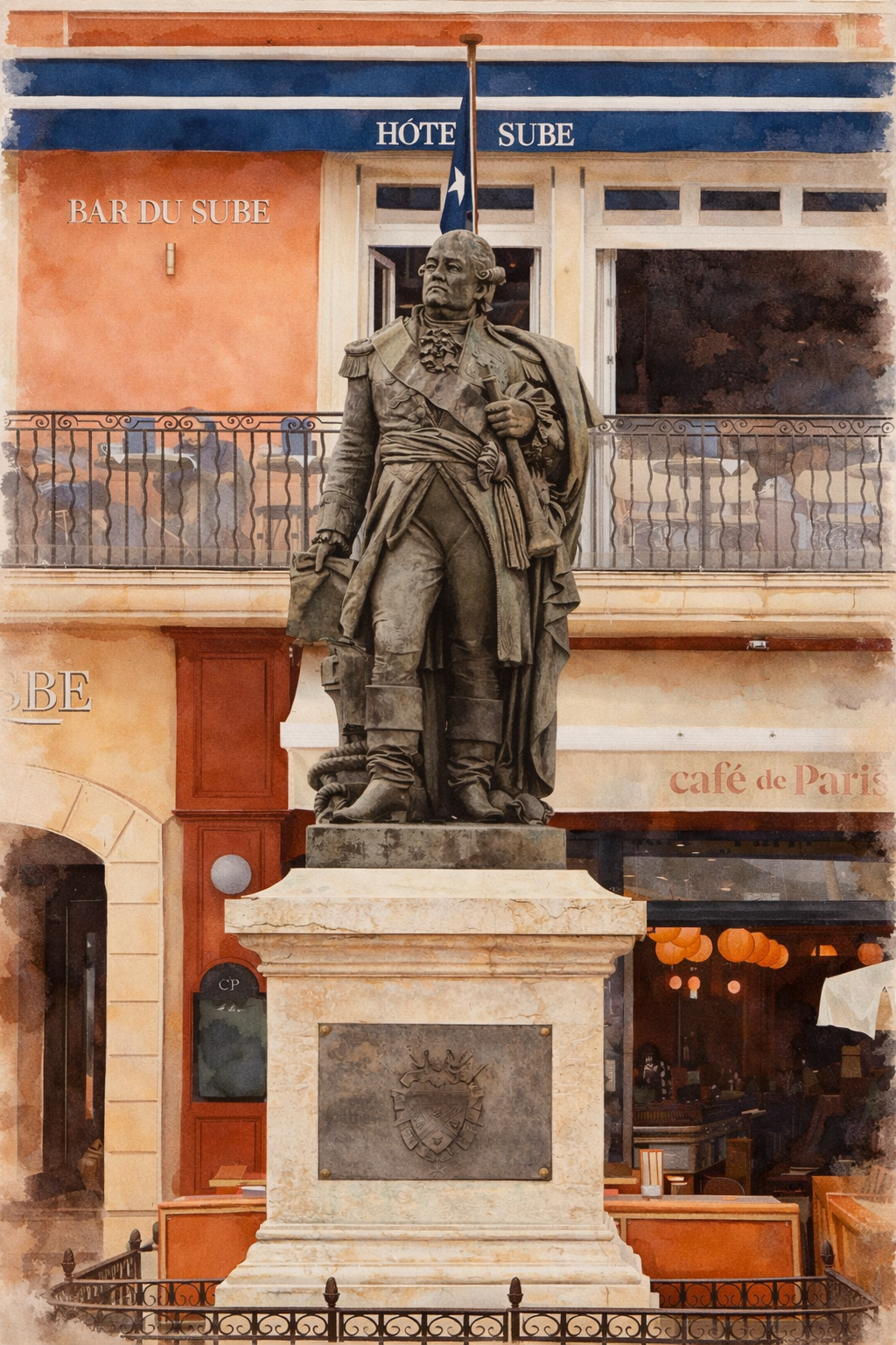 #024 Saint Tropez Wall Art Print - French Riviera Watercolor Print – Saint-Tropez Statue & Café Scene Wall Art with Vintage European Charm
