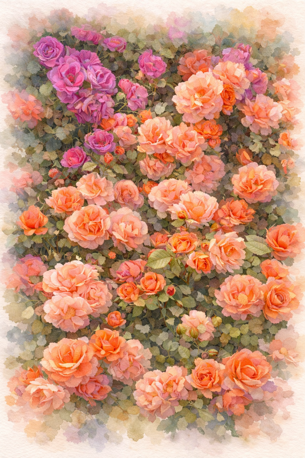 #055 Romantic Rose Garden Watercolor Poster – Detailed Floral Wall Art with Soft Deckled Edges