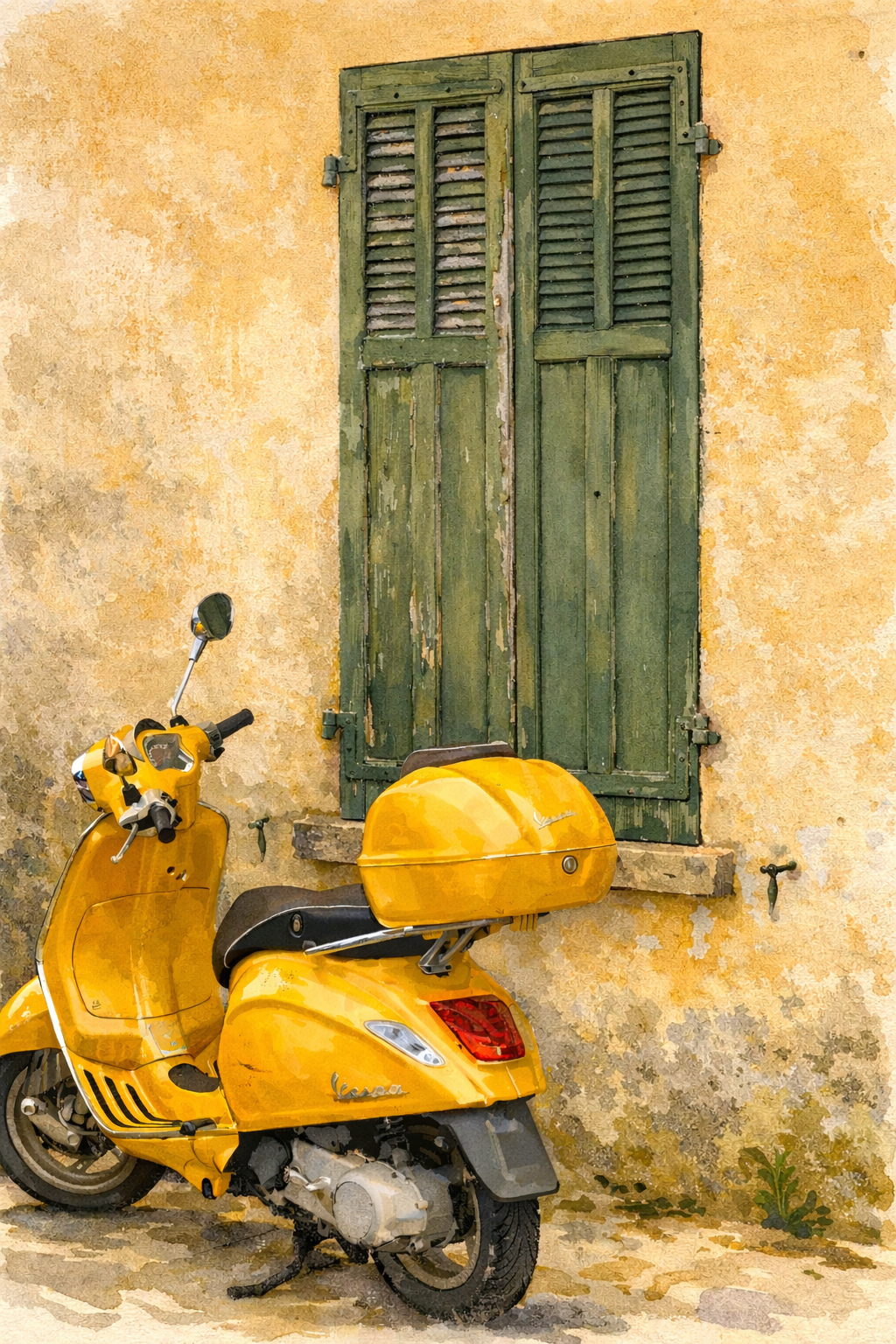#028 Ramatuelle Wall Art Print - Yellow Vespa Watercolor Print – Mediterranean Scooter Wall Art with Italian Vintage Charm