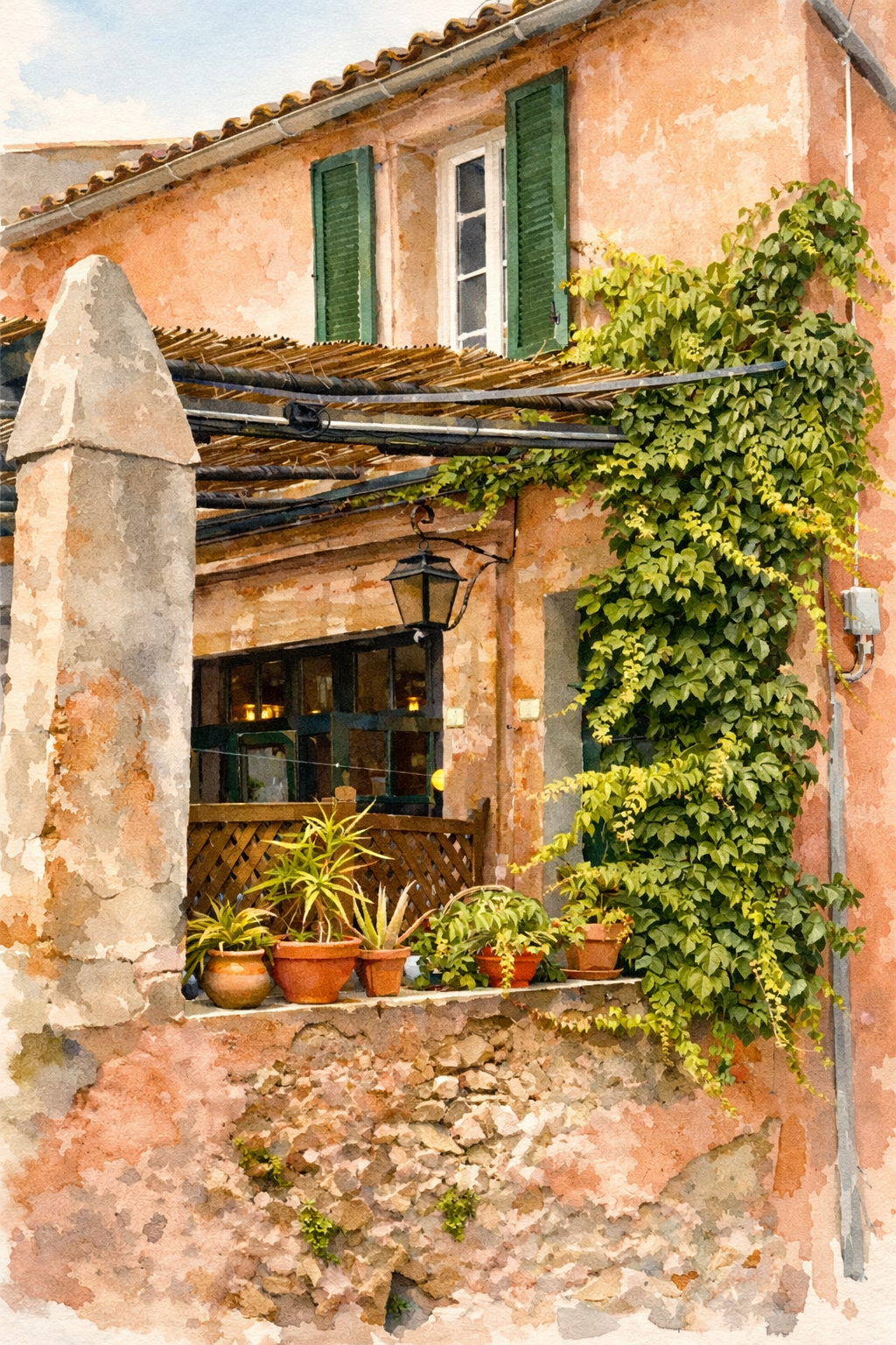 #039 Ramatuelle Wall Art Print - Mediterranean Facade with Ivy