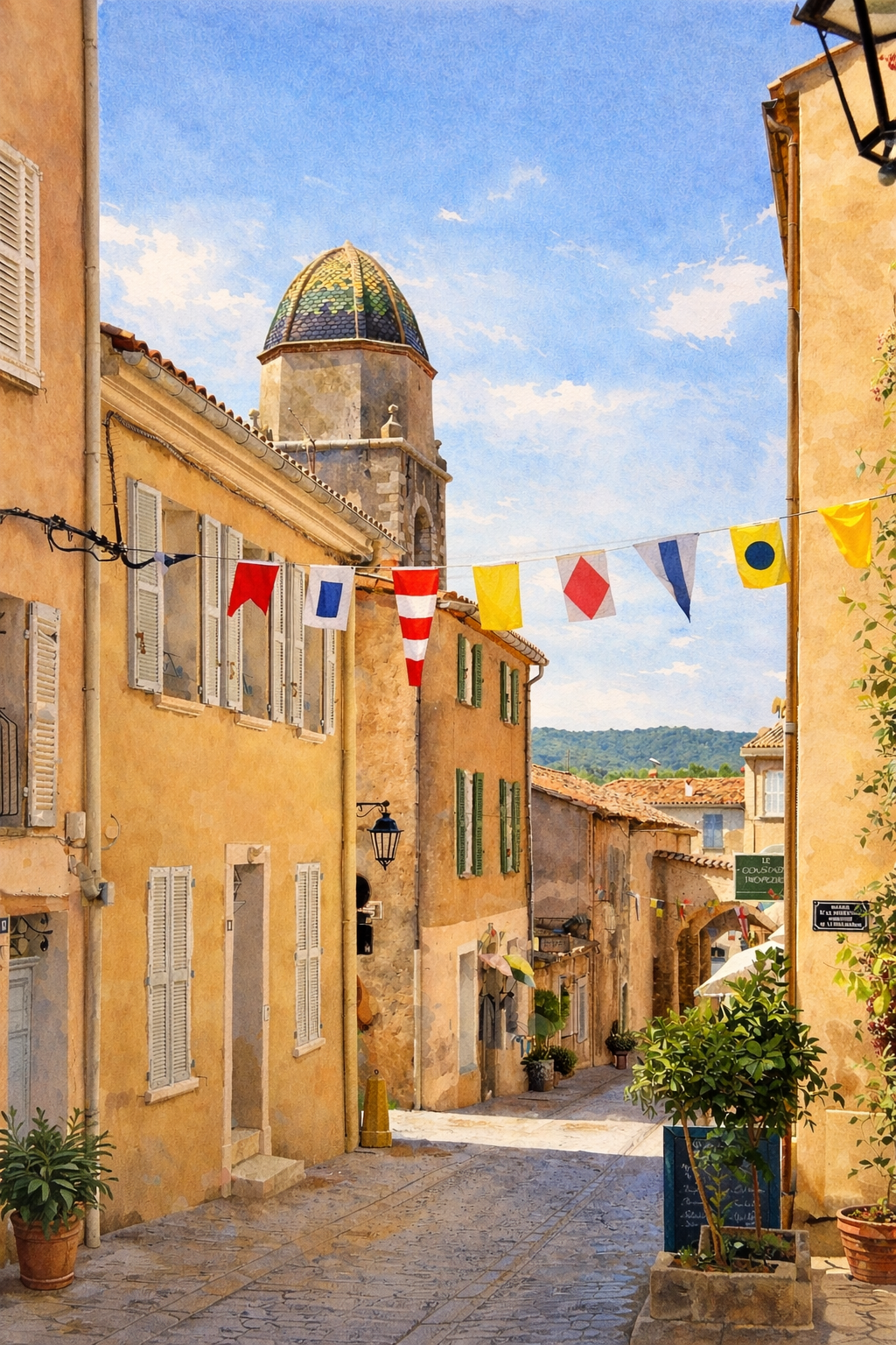#010 Saint Tropez Wall Art Print - French Riviera Village Street Watercolor Print – Provençal Mediterranean Wall Art