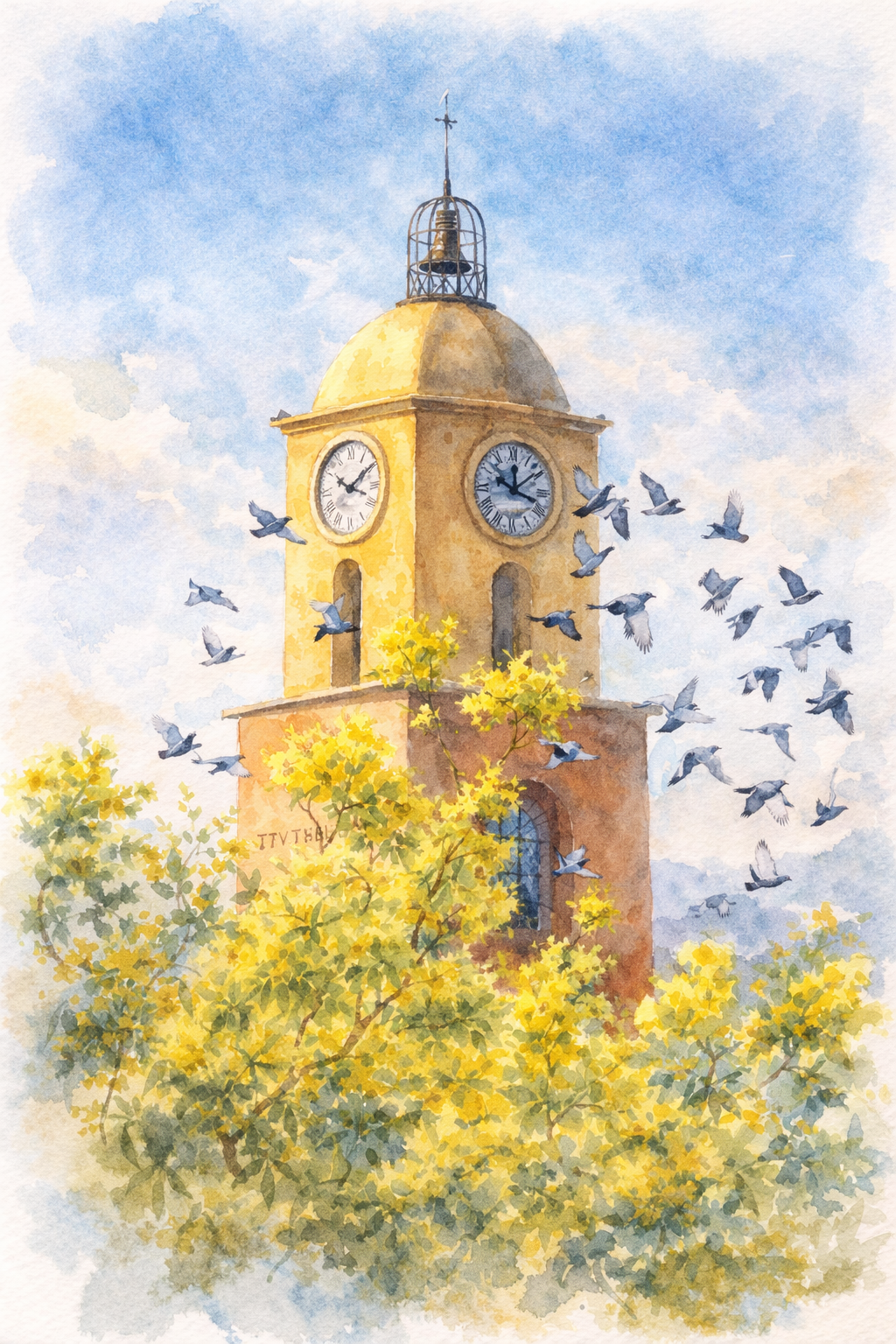 #057 Exclusive Saint Tropez watercolor art print featuring the iconic clock tower. Bring Mediterranean warmth and timeless French elegance into your interior.
