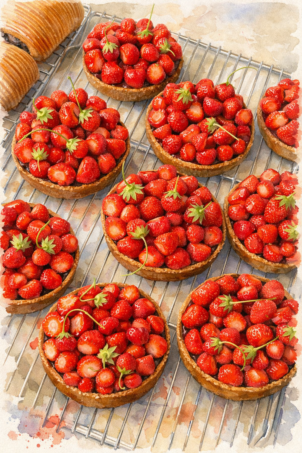 #013 Strawberry pastry Wall Art Print - Strawberry Tart Watercolor Print – French Dessert Kitchen Wall Art for Food Lovers