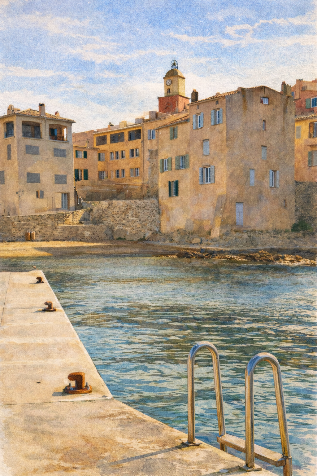 #003 Saint Tropez Wall Art Print - Mediterranean Harbor Watercolor Print – Coastal Village Wall Art with Sunlit Waterfront Charm