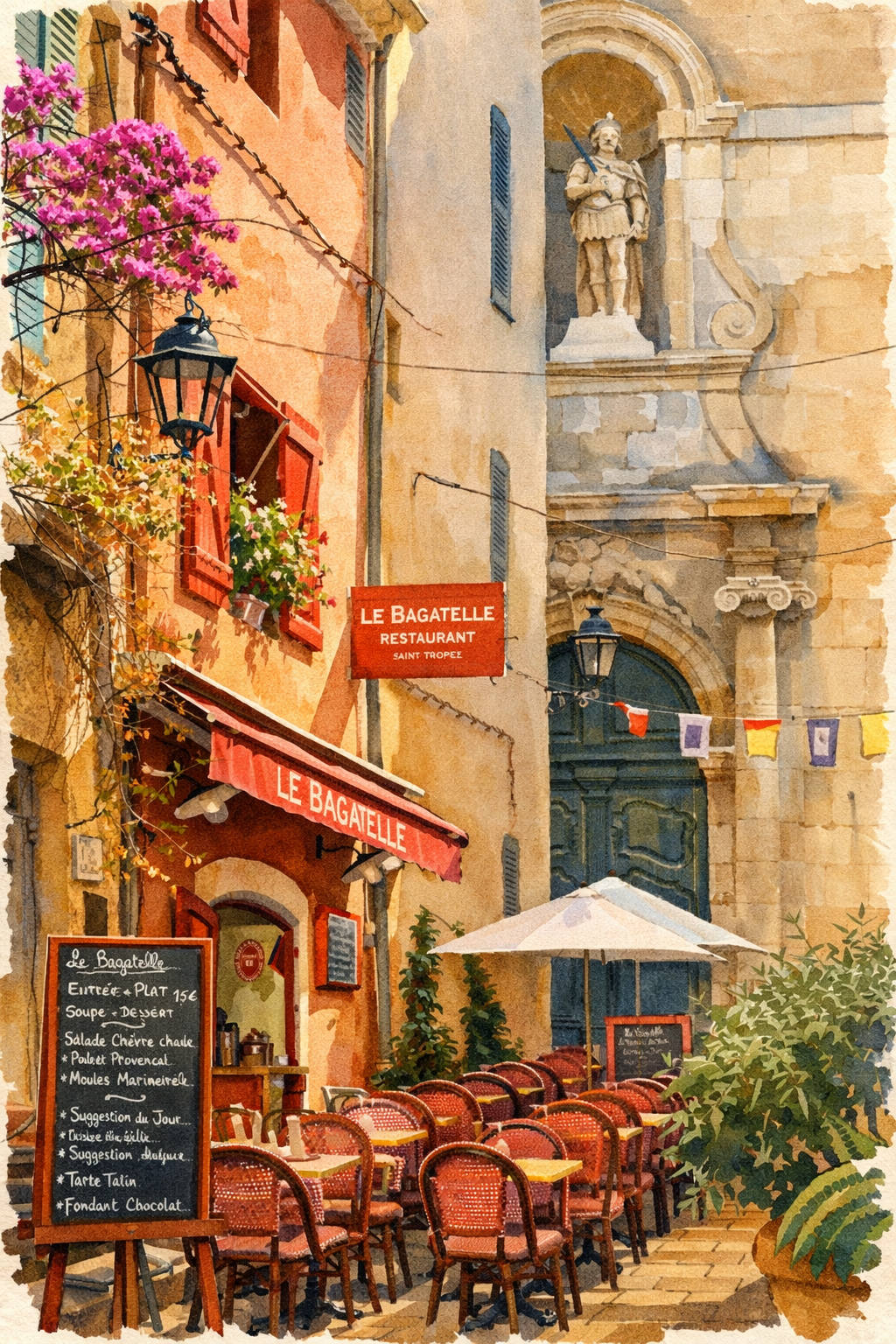 #011 Saint Tropez Wall Art Print - French Café Watercolor Print – Saint-Tropez Restaurant Street Scene Wall Art