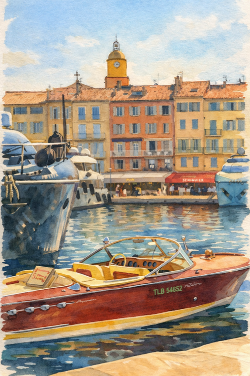 #005 Saint Tropez Wall Art Print - Mediterranean Harbor Watercolor Print – Luxury Yacht & Coastal Village Wall Art