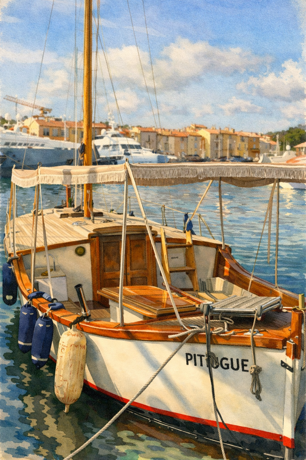 #009 Saint Tropez Wall Art Print - Saint-Tropez Harbor Boat Watercolor Print – Luxury Mediterranean Coastal Wall Art