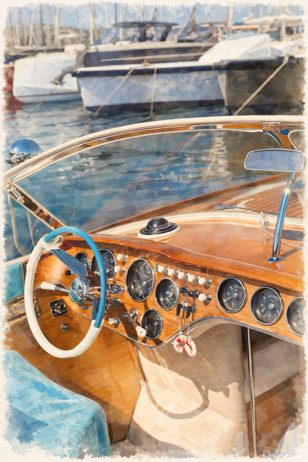 #019 Saint Tropez - Vintage Yacht Cockpit Watercolor Print – Luxury Nautical Marina Wall Art for Coastal Interiors