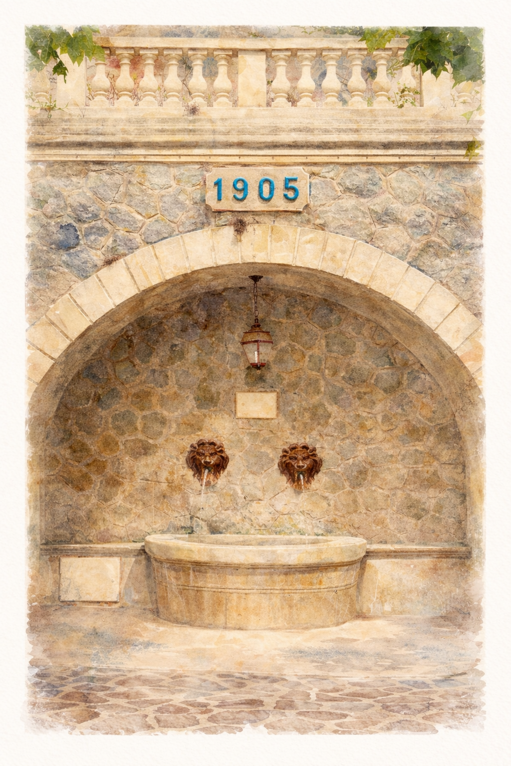 #017 Ramatuelle Wall Art Print - Mediterranean Stone Fountain Watercolor Print – Elegant French Courtyard Wall Art for Timeless Home Decor