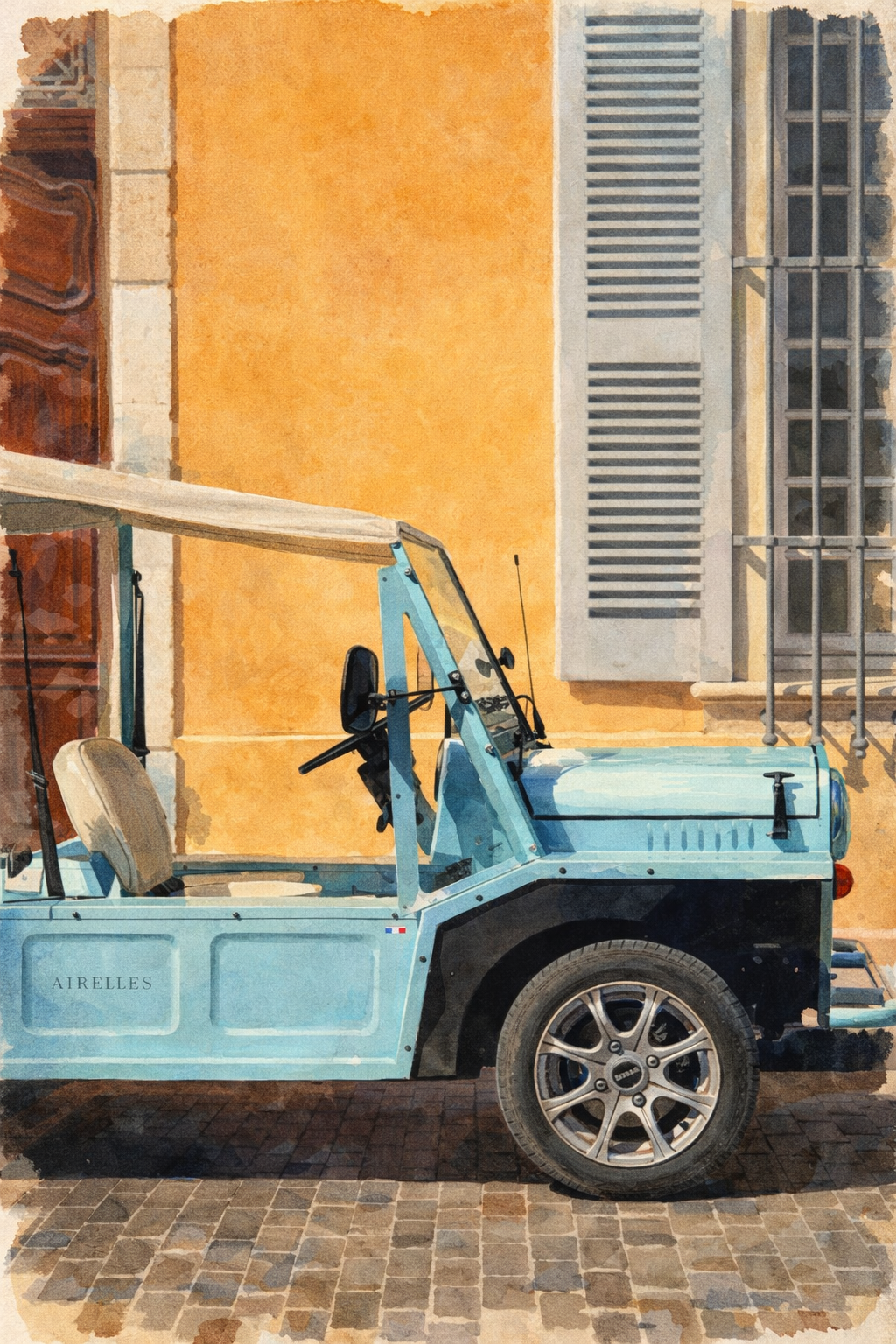 #043 Saint Tropez Wall Art Print - French Riviera Street Scene with Vintage Coastal Car