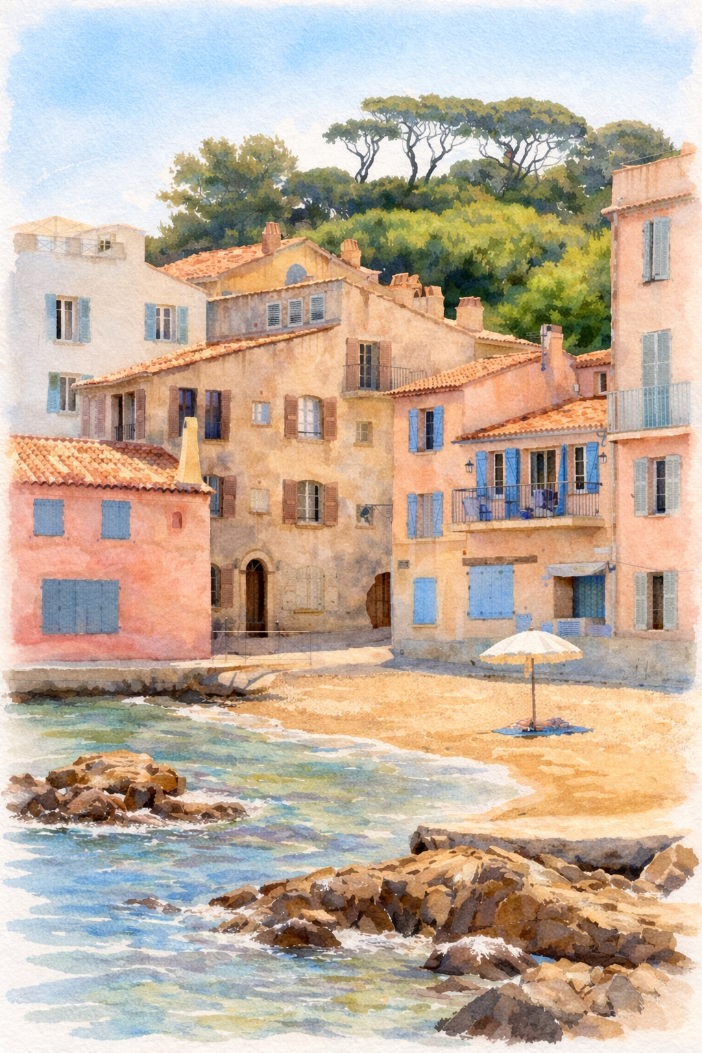 #007 Saint Tropez Wall Art Print - French Riviera Coastal Village Watercolor Print – Mediterranean Beach House Wall Art