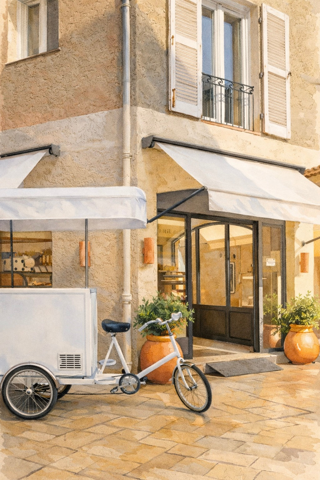 #033 Saint Tropez Wall Art Print - French Café Facade with Vintage Bicycle Cart