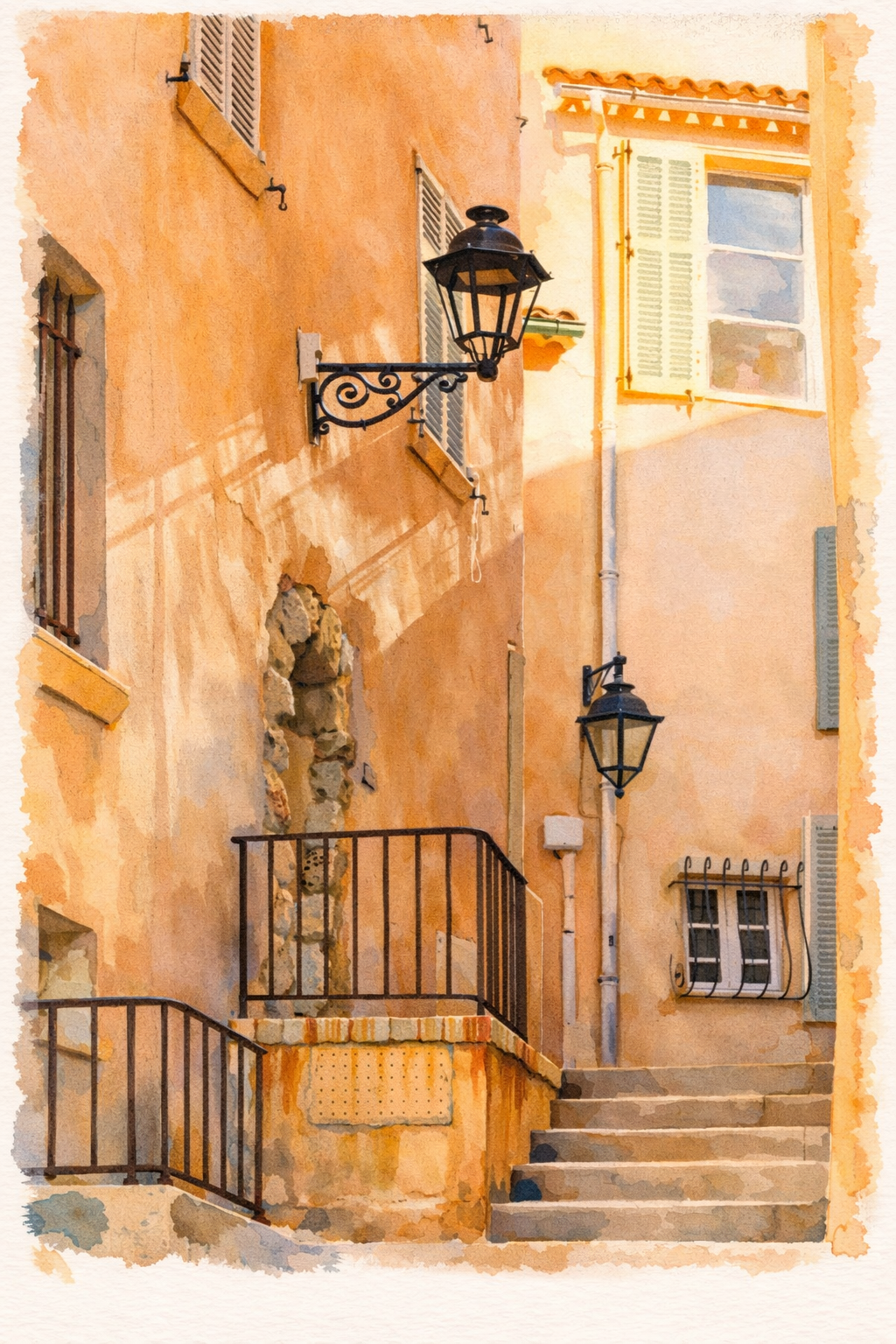#031 Saint Tropez Wall Art Print - Mediterranean Facade with Lanterns & Sunny Pastel Shades