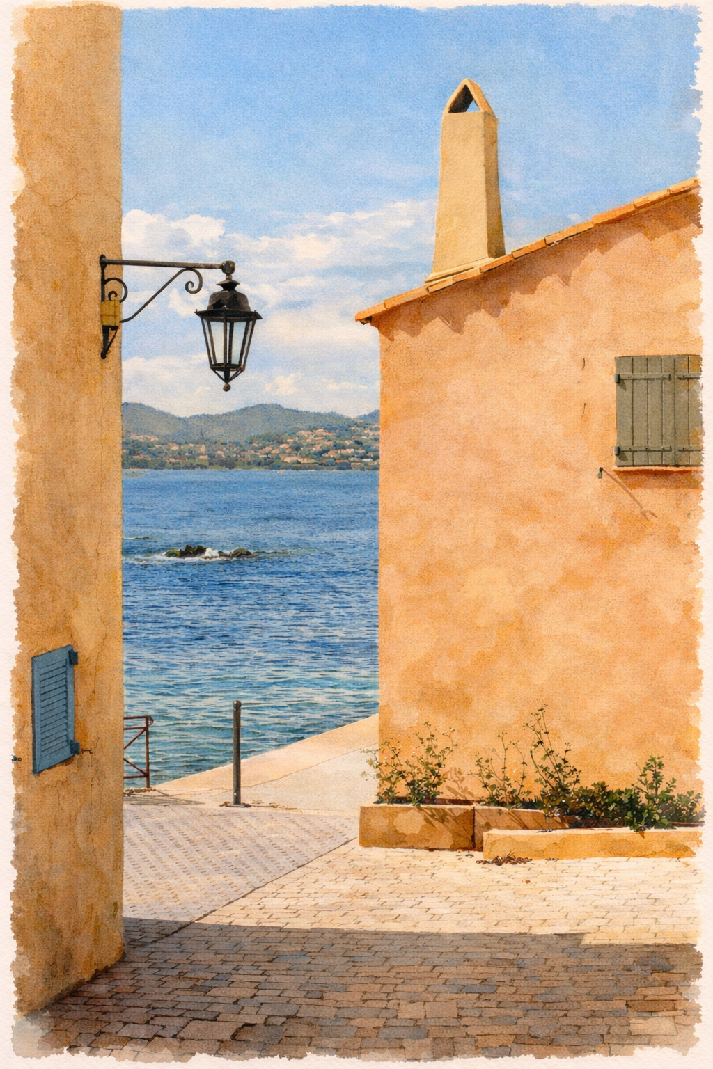 #030 Saint Tropez Wall Art Print- Mediterranean Coastal Watercolor Print – Sunlit Seaside Alley & French Riviera Wall Art