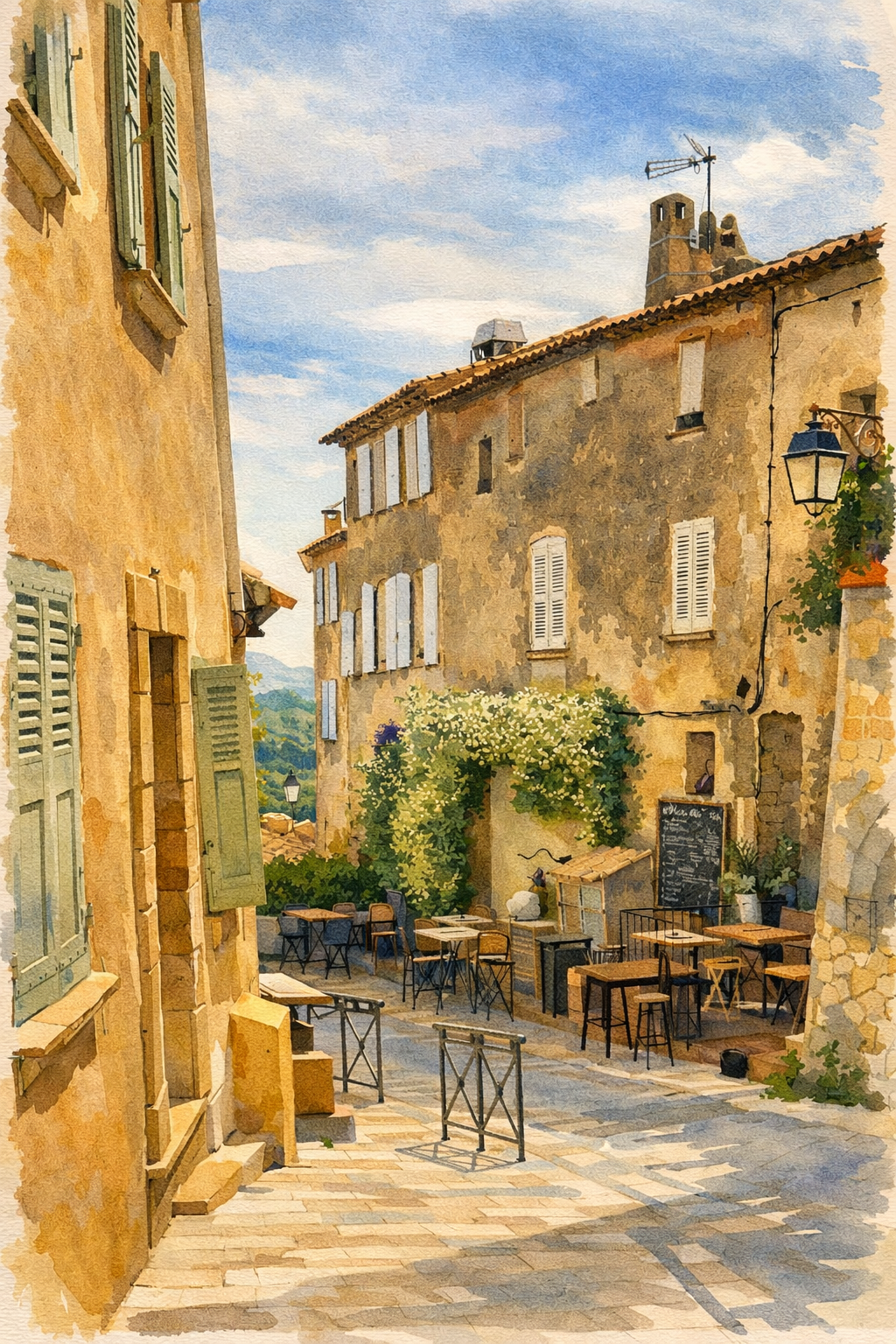 #001 Ramatuelle Wall Art Print - Charming Provence village café with warm stone houses and sunlit terrace. Luxury French countryside wall art