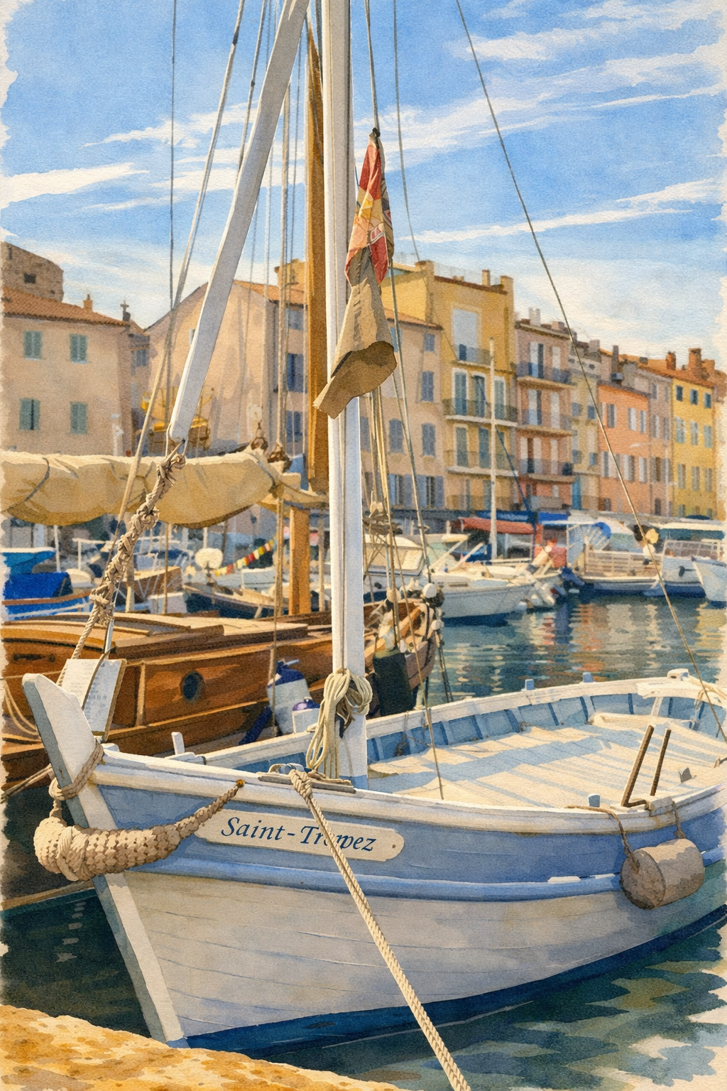 #002 Saint Tropez - Elegant Saint-Tropez harbor art print featuring a classic sailboat