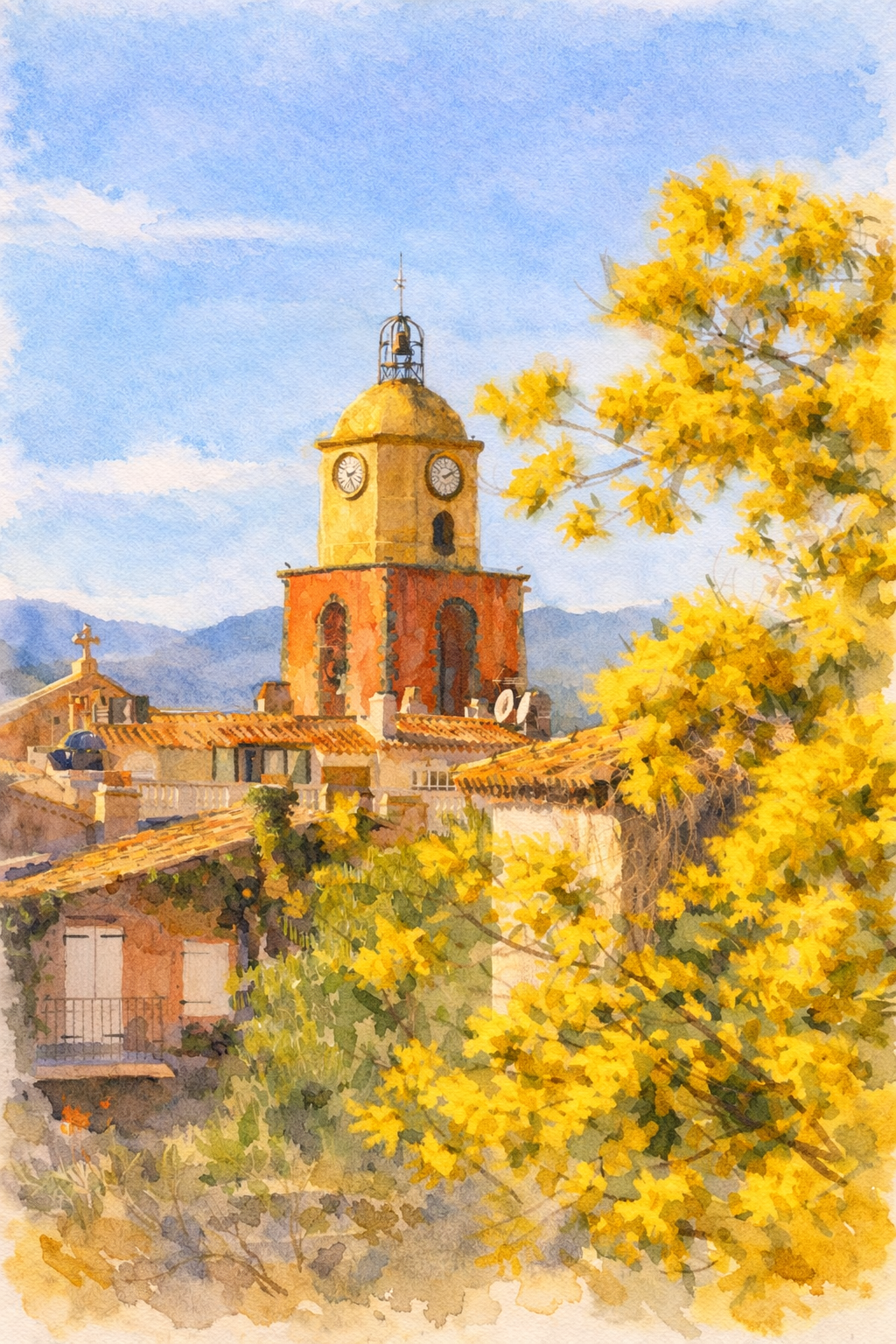 #053 Saint Tropez Wall Art Print - the charm of a sun-drenched village framed by vibrant yellow blossoms