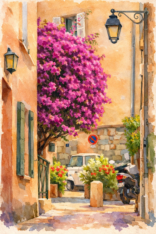 #004 Saint Tropez Wall Art Print - Mediterranean Street Watercolor Print – Charming Alley with Bougainvillea Flowers & French Village Atmosphere