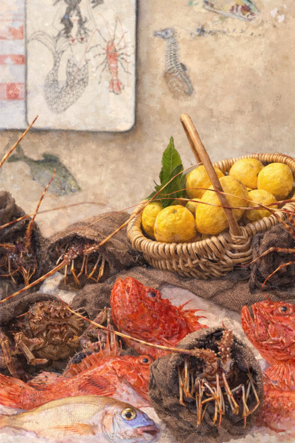 #008 Saint Tropez Wall Art Print - Mediterranean Seafood Market Watercolor Print – Coastal Still Life Wall Art with Fresh Fish & Lemons