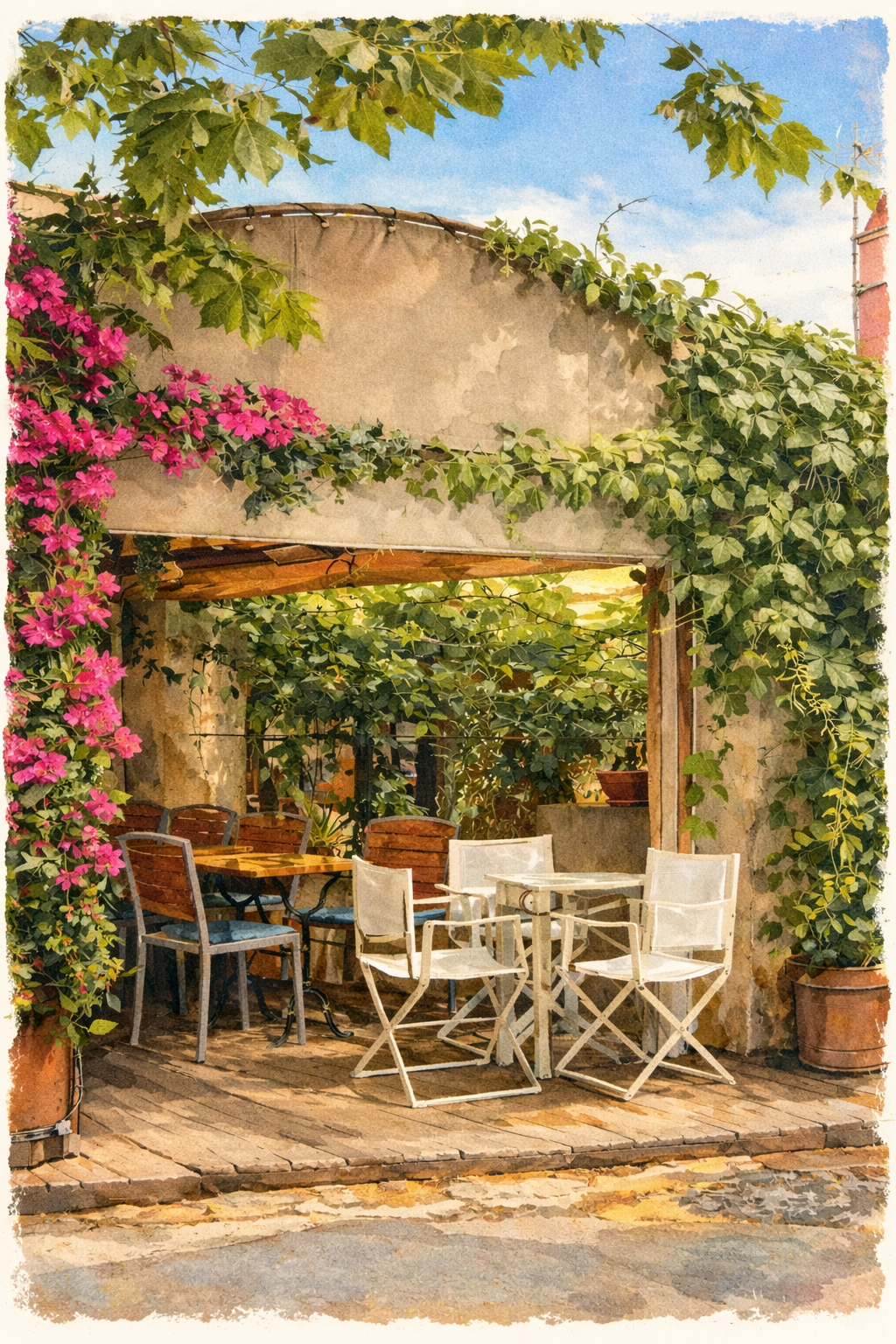 #050 Ramatuelle Wall Art Print - South of Sunny French Café Terrace