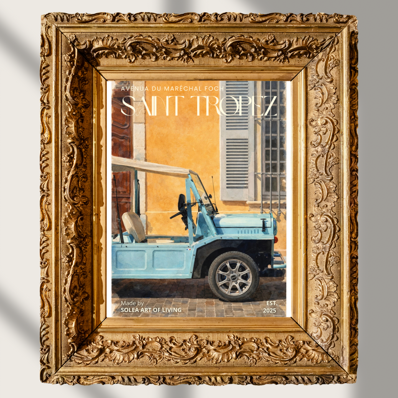 #043 Saint Tropez Wall Art Print - French Riviera Street Scene with Vintage Coastal Car