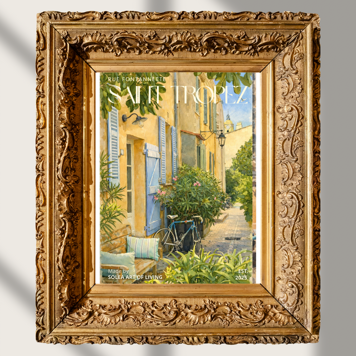 #042 Saint Tropez Wall Art Print - Mediterranean Street with Blue Shutters