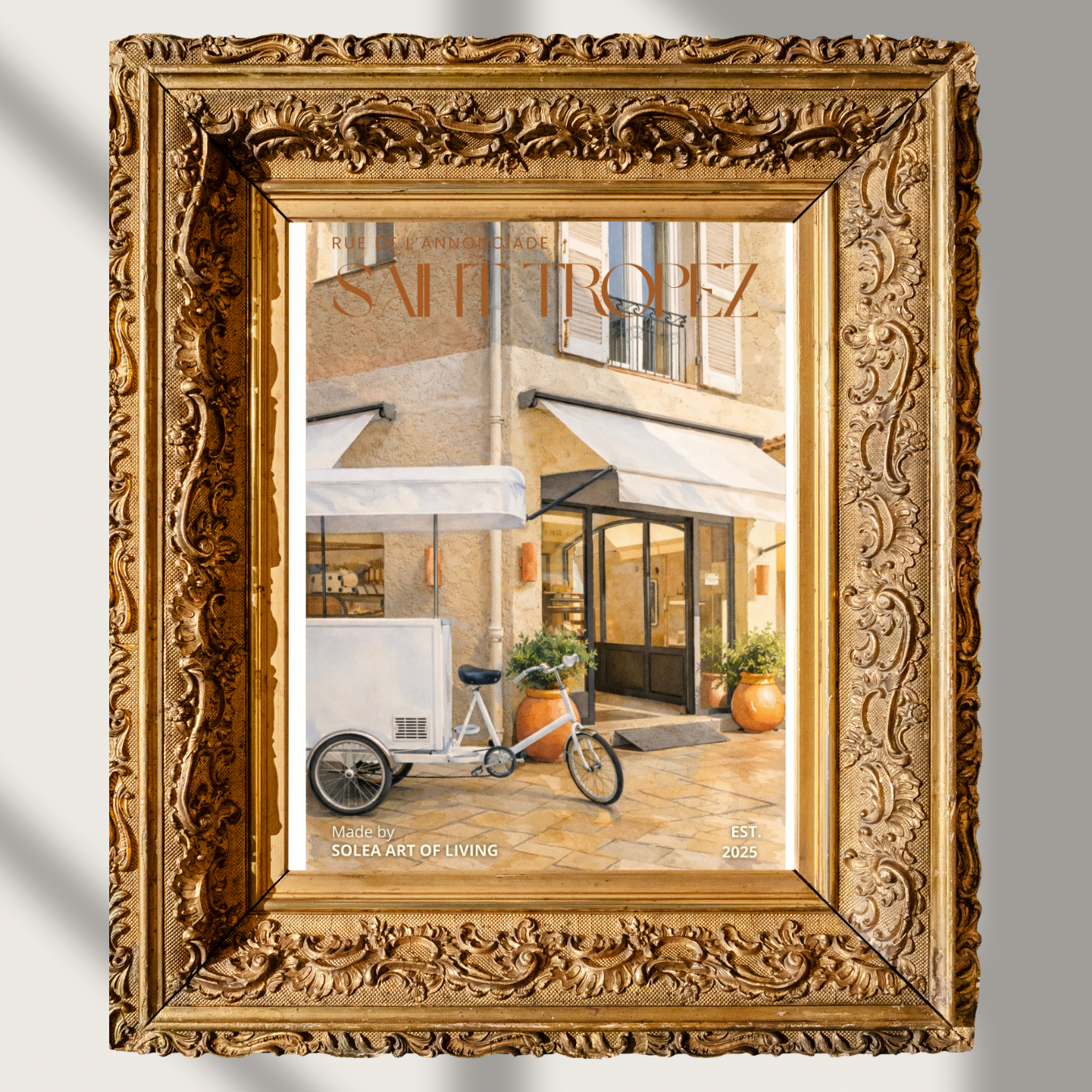 #033 Saint Tropez Wall Art Print - French Café Facade with Vintage Bicycle Cart