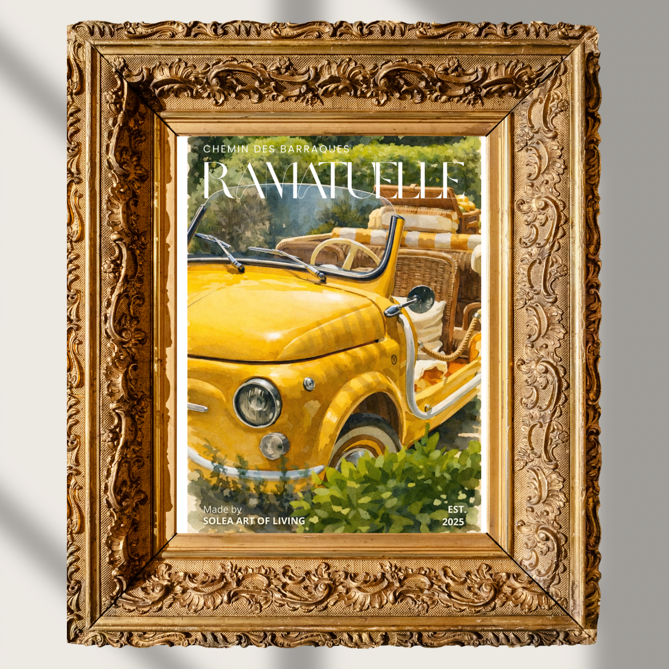 #029 Ramatuelle Wall Art Print - Vintage Yellow Car Watercolor Print – Luxury Summer Travel Wall Art with Mediterranean Charm