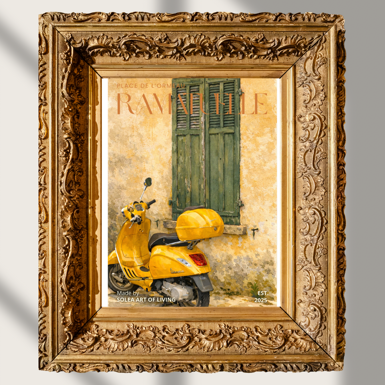 #028 Ramatuelle Wall Art Print - Yellow Vespa Watercolor Print – Mediterranean Scooter Wall Art with Italian Vintage Charm