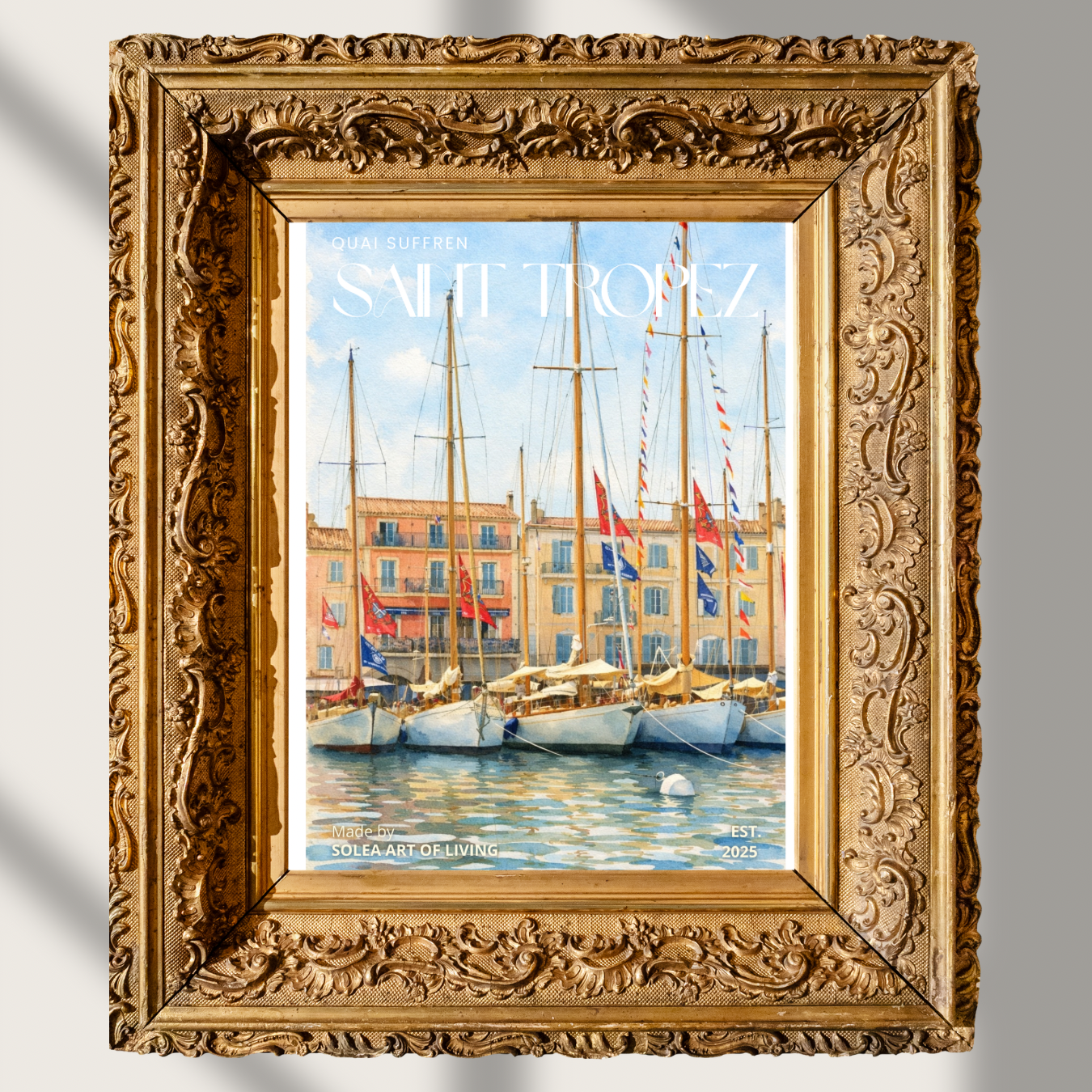 #026 Saint Tropez Wall Art Print - Mediterranean Harbor Watercolor Print – Elegant Sailboat Marina Wall Art with Coastal French Charm