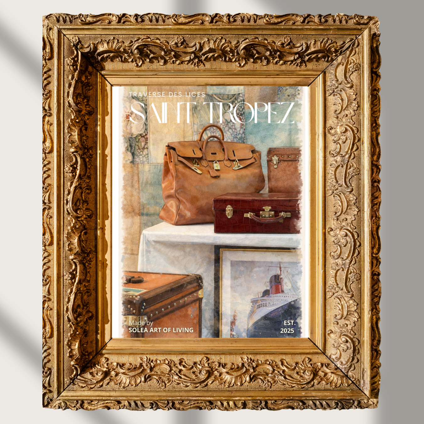 #025 Saint Tropez Wall Art Print - Luxury Vintage Travel Watercolor Print – Elegant Leather Bag & Suitcase Wall Art for Sophisticated Interiors